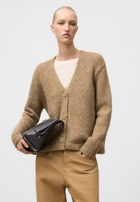 Beżowy sweter dzianinowy z dekoltem w kształcie litery V, z czterema dużymi guzikami. W zestawie z beżowymi spodniami i małą czarną torebką. Gładka tekstura.