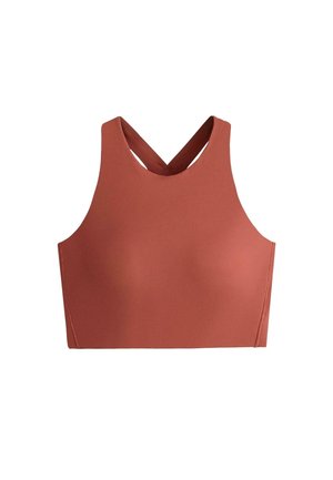 Rdzawy, bezrękawnikowy krótki top z wysokim dekoltem i krzyżującymi się paskami z tyłu, wykonany z gładkiego materiału.