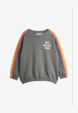 Szara bluza z różowymi i żółtymi paskami na rękawach oraz napisem "The Milky Way" na piersi, z elastycznymi mankietami i krawędzią.