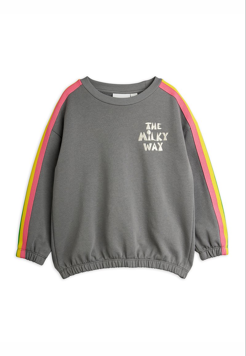 Γκρι φούτερ με ροζ και κίτρινες ρίγες στα μανίκια και το κείμενο "The Milky Way" τυπωμένο στο στήθος, με ελαστικά μανσέτα και τελείωμα.