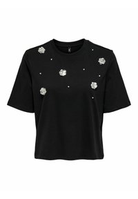Sort kortærmet t-shirt med fem metalblomst-applikationer og studs, lavet af blødt stof med afslappet pasform.