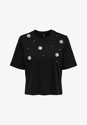 Black short-sleeve t-shirt featuring five metallic flower appliqués and studded accents, made of soft fabric with a relaxed fit.