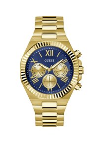 Montre en acier inoxydable doré avec un cadran bleu, des accents texturés, un grand chiffre romain XII et des sous-cadrans chronographes.