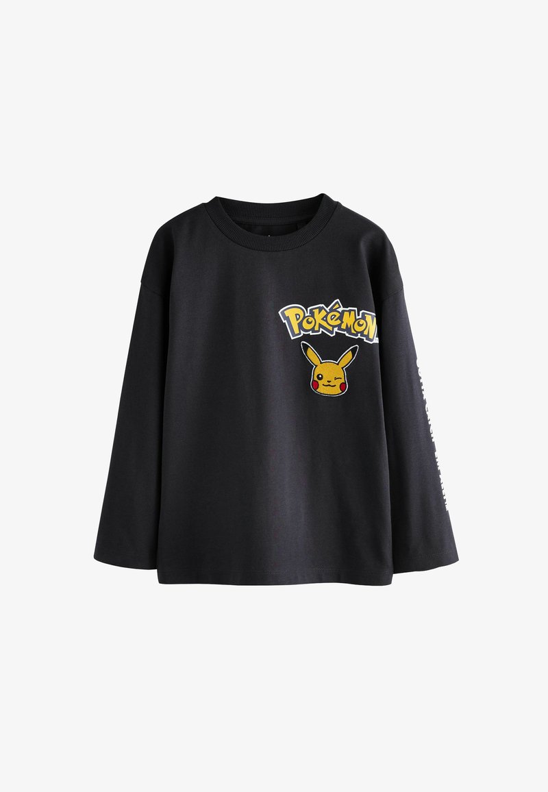 Black long-sleeve shirt featuring a Pikachu graphic and "Pokémon" text in yellow. Smooth fabric, relaxed fit, round neckline, and side print detail.