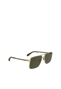 Occhiali da sole rettangolari con montatura in metallo dorato, lenti verde scuro e aste sottili. Presentano cerniere delicate e un design minimalista.