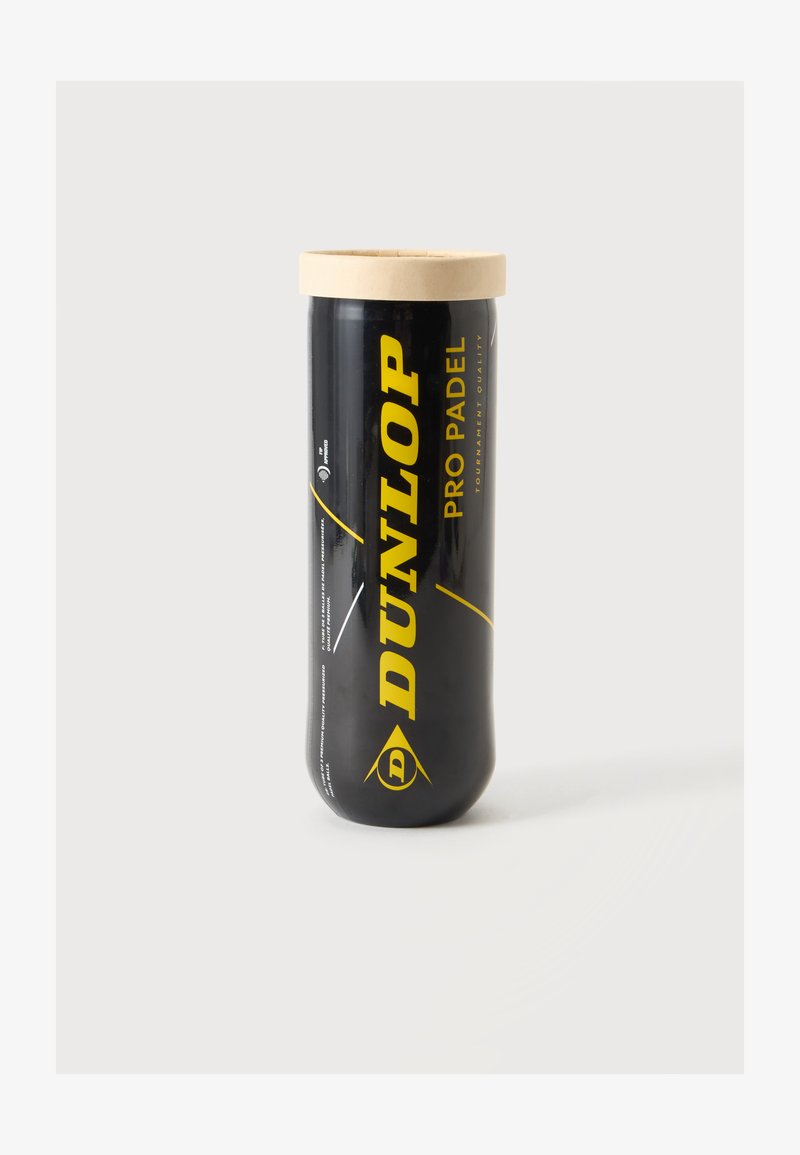 Μαύρο κυλινδρικό δοχείο Dunlop Pro Padel για μπάλες με κίτρινο κείμενο και μπεζ καπάκι σε λευκό φόντο.