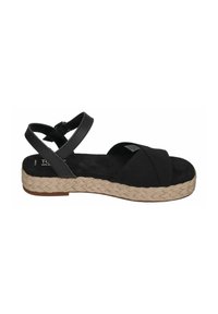 Zwarte slingback sandaal met gekruiste stofbanden en gevlochten jute zool op een witte achtergrond.