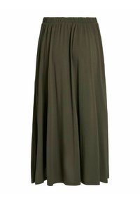 Olijfgroene rok gemaakt van zachte stof, met een relaxte pasvorm en een elastische tailleband voor comfort. Vloerlengte met een vloeiend ontwerp.