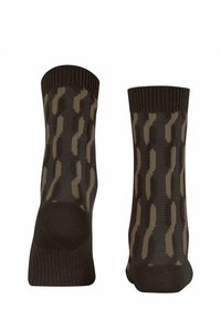 Braune Socken mit einem wellenförmigen Muster in Hellbraun. Die Socken haben einen gerippten Bund und eine glatte Textur.