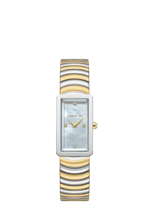Montre-bracelet rectangulaire bicolore or et argent avec cadran en nacre, aiguilles dorées, quatre index horaires en diamant et logo "Cerruti 1881".