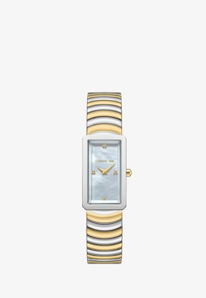 Montre-bracelet rectangulaire bicolore or et argent avec cadran en nacre, aiguilles dorées, quatre index horaires en diamant et logo "Cerruti 1881".