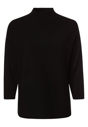 Czarny sweter z długim rękawem, wysokim półgolfem i luźnym, swobodnym krojem.