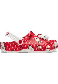 Zuecos rojos con un diseño de Hello Kitty, adornados con lunares blancos, fabricados en material plástico moldeado, con una correa ajustable y una superficie texturizada.