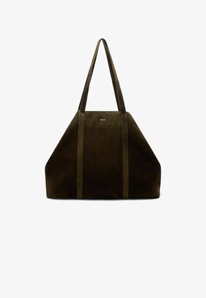 Dark green suede tote bag with two long handles, geometric shape, and subtle brand logo centered on the front. Smooth texture.