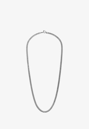 Zilverkleurige metalen ketting met elkaar verweven schakels, gladde oppervlakte en een stevige sluiting; minimalistisch ontwerp zonder extra accenten.