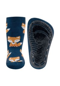 Navy Socken mit orangen Fuchs-Mustern. Baumwollmischgewebe mit weicher Textur und einer gepunkteten schwarzen Gummisohle für besseren Grip.