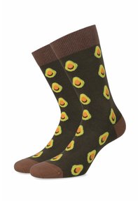 Brązowe skarpetki z wzorem żółtych i zielonych awokado, z prążkowanym brązowym ściągaczem oraz wzmocnionymi palcami i piętami.