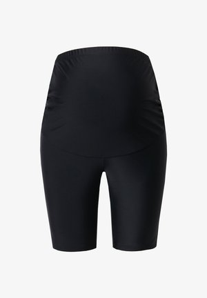 Černé těhotenské kraťasy vyrobené z elastického materiálu, s vysokým pasem a bočním řasením pro komfort, s přiléhavou délkou.
