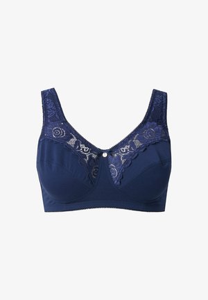 Navy blauwe bh met kantaccenten op de cups en schouderbandjes. Zachte stof, U-vormig ontwerp en decoratieve knoopdetail in het midden.