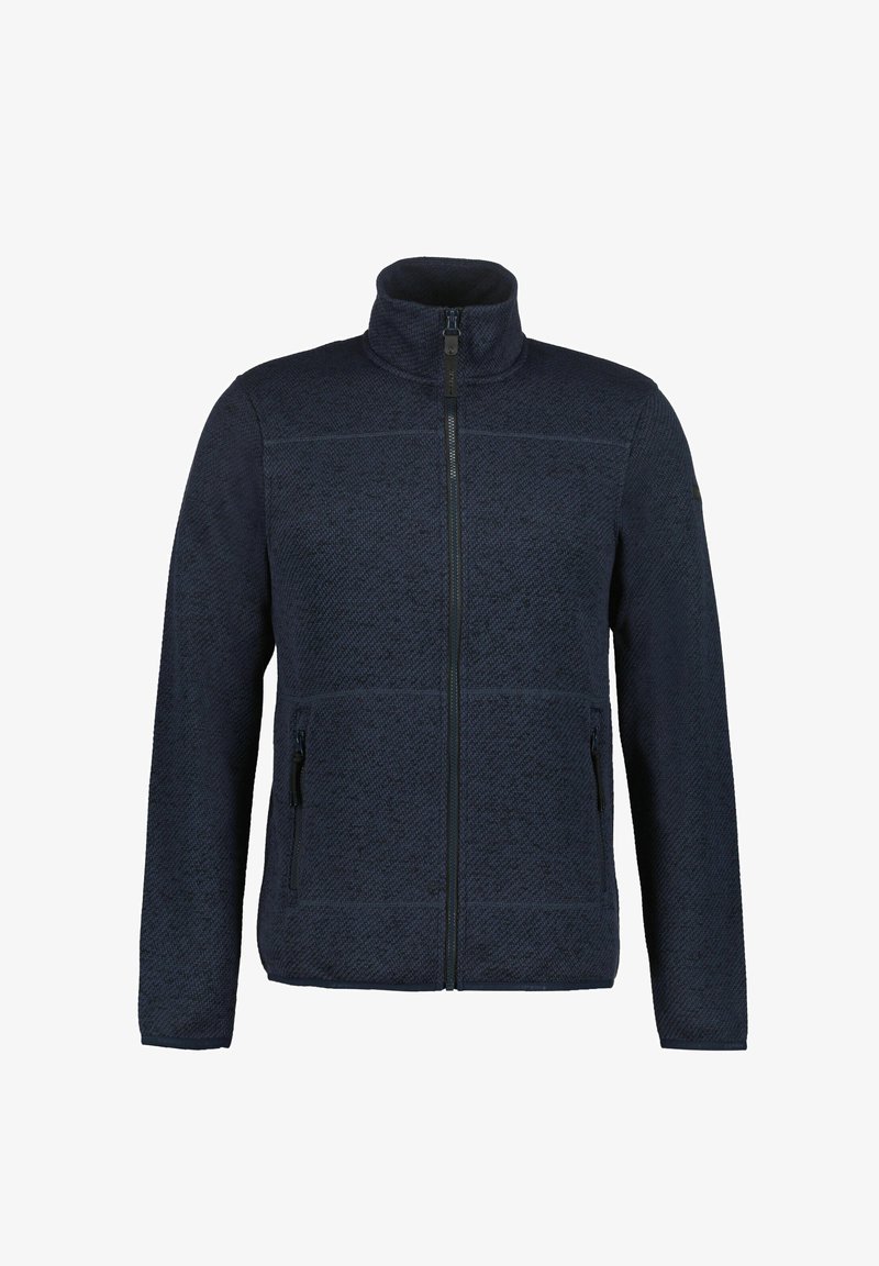 Chaqueta de forro polar azul marino con cremallera completa, cuello alto, mangas largas, tela texturizada y bolsillos laterales con cremallera.