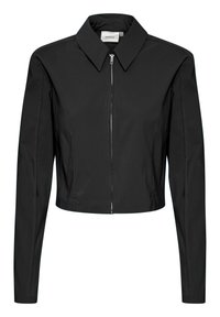Schwarze langärmelige, cropped Jacke mit spitzem Kragen und silbernem Reißverschluss an der Vorderseite, aus glatter Stoff gefertigt.