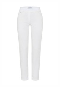 Witte rechte broek met een gladde tailleband, twee voorzakken en subtiele stikseldetails, gemaakt van zachte, duurzame stof.