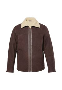 Chaqueta de ante marrón para hombre con cuello de sherpa crema y cierre frontal con cremallera, mangas largas y detalles de costura mínimos.