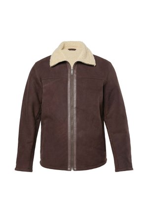 Männerjacke aus braunem Wildleder mit cremefarbenem Sherpa-Kragen und frontellem Reißverschluss, langen Ärmeln und minimalen Nähten.