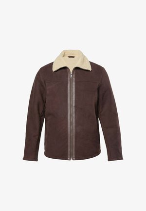 Männerjacke aus braunem Wildleder mit cremefarbenem Sherpa-Kragen und frontellem Reißverschluss, langen Ärmeln und minimalen Nähten.