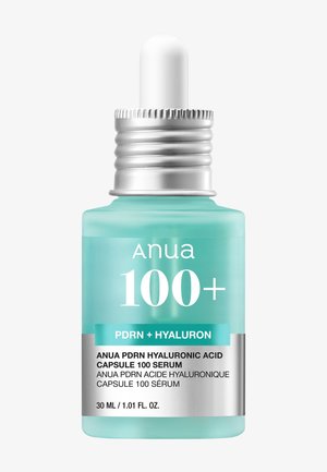 Druppelflesje van Anua 100+ serum met PDRN en hyaluronzuur, 30 ml, turkoois en zilveren verpakking.