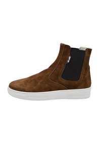 Stivali alla caviglia in suede marrone con pannelli elasticizzati ai lati, suola in gomma bianca e una texture liscia, che offrono una silhouette snella.