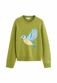 Zielony sweter wykonany na drutach z niebieskim i żółtym motywem ptaka. Posiada okrągły dekolt oraz ściągacze przy mankietach i u dołu. Miękka tekstura, casualowy fason.