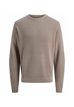 Bež pleten pulover s krožnim ovratnikom, dolgimi rokavi in ribanimi manšetami. Teksturovana tkanina z ohlapnim krojem in ravnim robom.