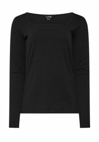 Musta pitkähihaista pusero pehmeästä kankaasta, jossa on neliönmuotoinen kaula-aukko ja vartalonmyötäinen muoto. Yksinkertainen ja monikäyttöinen ilman kuvioita tai koristeita.