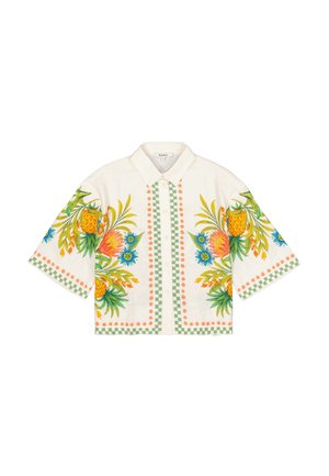 Witte katoenen korte mouwen blouse met kleurrijk bloemenborduursel, dambord- en stippenpatronen langs de randen en een klassieke kraag.