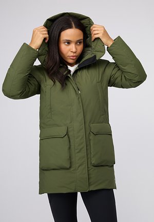 Olive green insulated parka with a hood, featuring large flap pockets, a zipper, and a textured finish. Clean design, mid-thigh length.