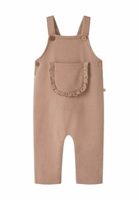 Rjavi bombažni hlačni kombinezon z naramnicami, z lesenimi gumbi in žepom z volančki. Mehka tekstura, oprijete hlačnice in brez zapenjanja.