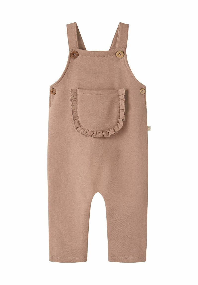 Rjavi bombažni hlačni kombinezon z naramnicami, z lesenimi gumbi in žepom z volančki. Mehka tekstura, oprijete hlačnice in brez zapenjanja.