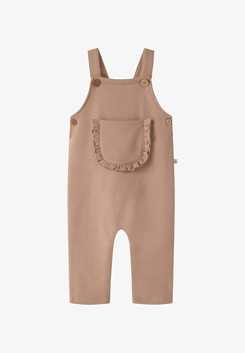 Rjavi bombažni hlačni kombinezon z naramnicami, z lesenimi gumbi in žepom z volančki. Mehka tekstura, oprijete hlačnice in brez zapenjanja.