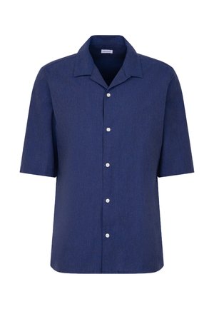 Chemise homme bleu marine à manches courtes avec un col classique et des boutons blancs sur le devant.