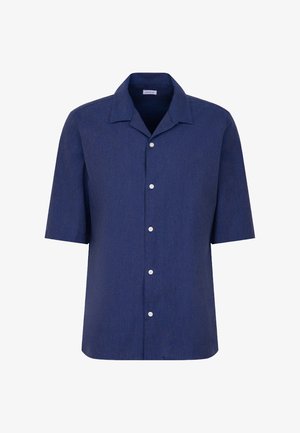 Heren kortärmelig navy blauw overhemd met klassieke kraag en witte knopen aan de voorkant.