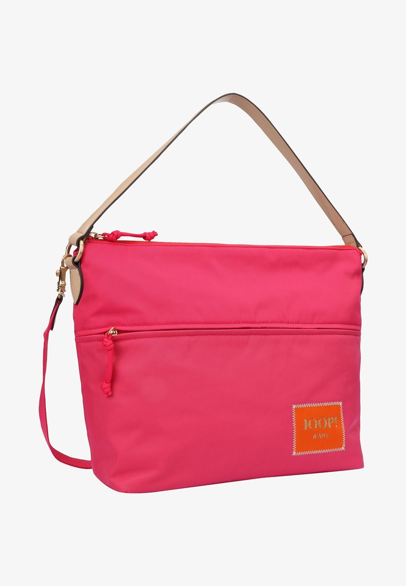 Sac à bandoulière rose avec poche zippée à l'avant, poignée beige, et écusson orange marqué "JOOP! JEANS" dans le coin inférieur droit.