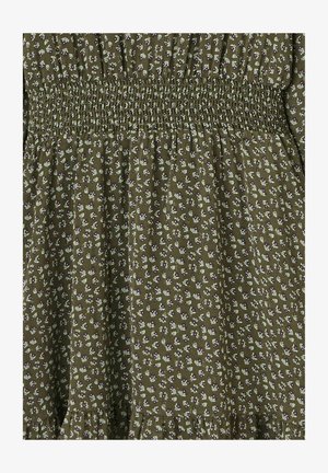 Robe florale en coton vert olive avec taille smockée, ornée de petits motifs de fleurs blanches et violettes et d'un ourlet volé.