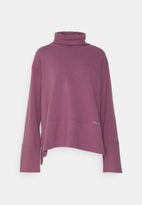 Lila, langärmliger Turtleneck-Pullover aus weichem Stoff, mit einem lockeren Schnitt und einem abgerundeten Saum sowie einem kleinen Logo nahe dem Saum.