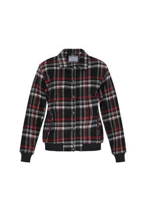 Schwarze, rote und graue karierte Flanelljacke mit durchgehendem Knopfverschluss, Kragen sowie gerippten Bündchen und Saum. Weicher Stoff mit warmer Textur.