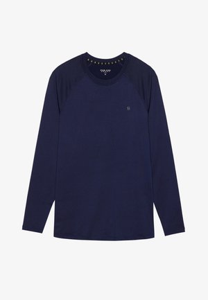 Camisa de manga longa azul-marinho com decote redondo, mangas raglan e um pequeno logotipo no peito. Feita de um tecido suave e elástico.