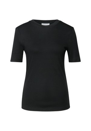 Zwart katoenen T-shirt met korte mouwen en een ronde hals. Gladde textuur en aansluitend ontwerp, zonder zichtbare patronen of accenten.