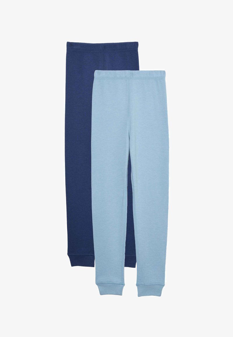 Dos pares de leggings de algodón apilados; uno en azul marino oscuro y el otro en azul claro, ambos con puños acanalados y textura suave.