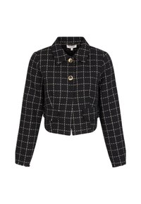 Giacca corta a quadri bianca e nera con collo a revers, tasche frontali e bottoni color oro. Tessuto strutturato con frange all'orlo.