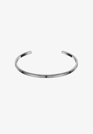 Silver metal cuff bracelet with a smooth, minimalist design, featuring a thin, rounded band and subtle sheen. No intricate patterns or accents.